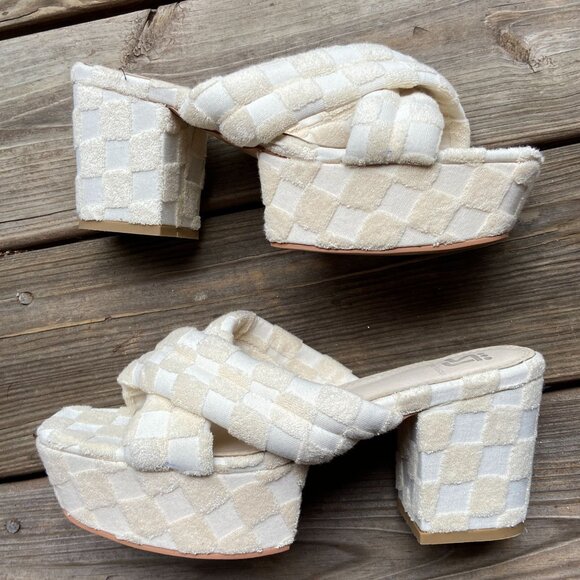 Shane Justin IT GIRL Ivory Terrycloth Chunky Flatform Sandals Mules Heels 42 12 - Picture 6 of 12